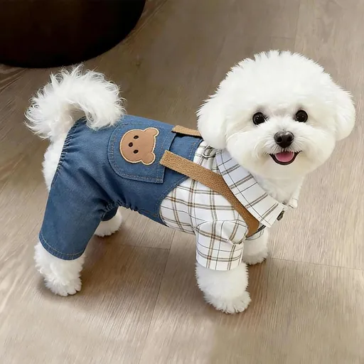 AMOOR Dog Clothes Dinosaur Four Leg Bear Pocket Plaid Overalls XXL