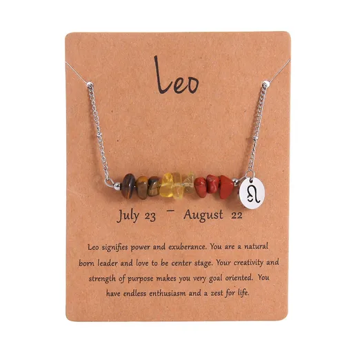 Zodiac Chip Natural Stone Pendant Necklace,Stainless Steel Crystal Jewellery,Leo Sign Necklace for Christmas Halloween Costume & Holiday Present