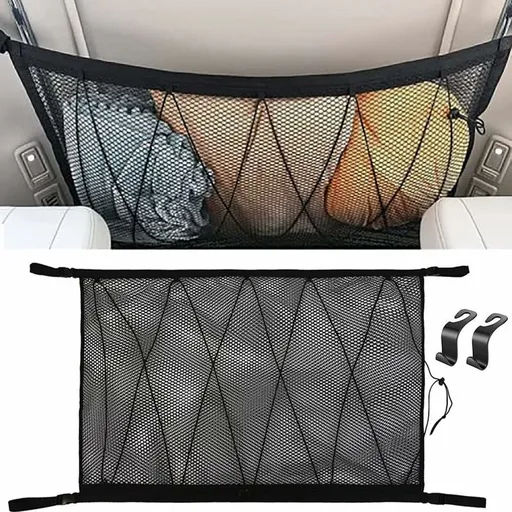 Car Storage Net 90Cmx65Cm, Multifunctional Organizer With Zipper With 2 Car Seat Hooks, Camping Car Storage Net, Car