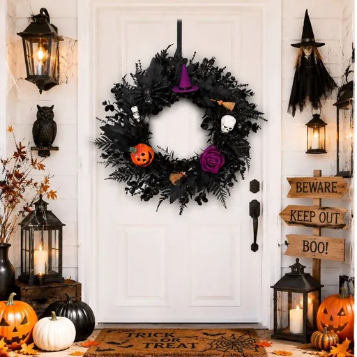 Halloween Artificial Front Door Wreath, 40 x 9 cm with Pumpkins, Witch Details and Skulls, Reusable Hanging Decoration for Front Doors, Walls and Mantels, Ready-to-Display Reusable Ornament, Black
