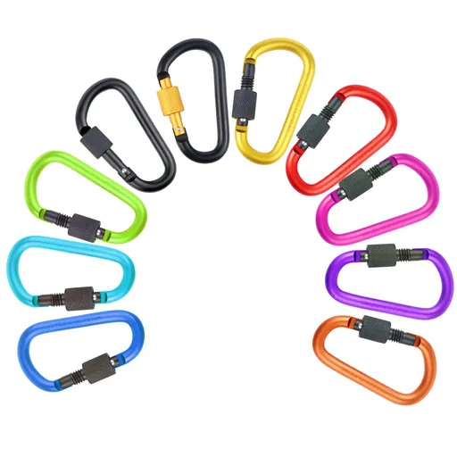 10 Pack Aluminum D Ring Key Rings Hiking Clips Locking Carabiner for Hiking Camping Fishing and Outdoor Use-Color Random