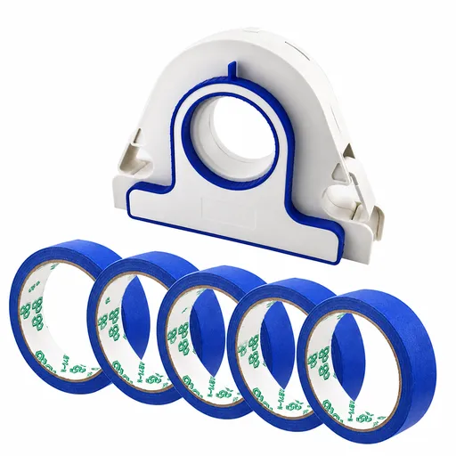 Painters Masking Tape Dispenser Handheld Tape Applicator Tool for Wall Edge Trim Door Frame Window Border Painting Preparation Quick Straight Tape Laying (Grout Tool + 5 Rolls Blue Masking Tape)