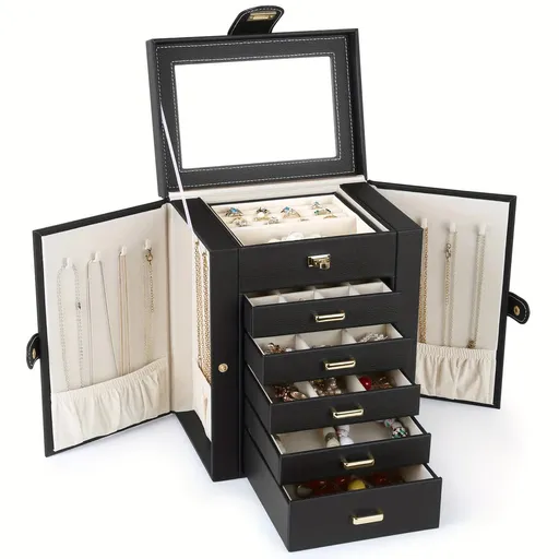 Women's Multi-functional Jewelry Box: Built-in Mirror, Multi-layer Drawer Storage, Side Hooks to Prevent Tangling and Protect Accessories.black