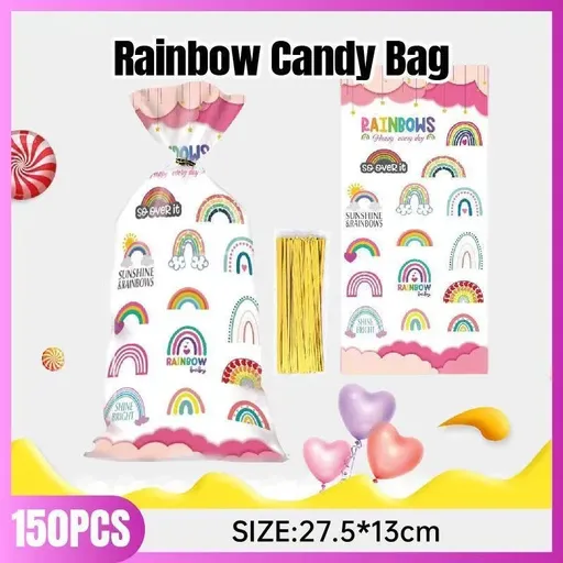 Rainbow Party Candy Bags 150 Pack with Gold Twist Ties 27.5 x 13 cm