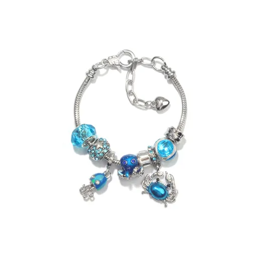 Beaded Bracelet Cartoon Ocean Theme Adjustable 19cm Blue with Octopus Jellyfish Crab Charms Crystal Rhinestone Beads