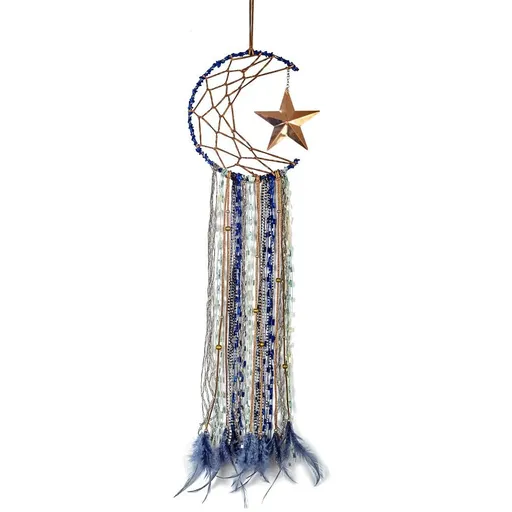 Blue Dream Catcher Handmade Half Circle Moon Design Dream Catcher Feather Hanging with Star Home Decoration Ornament