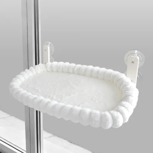 White Plush Cat Window Hammock with Strong Suction Cups, Faux Rabbit Fur Pet Bed for Cats and Small Dogs, Space-Saving Foldable Hanging Cat Perch for Sunbathing and Relaxation