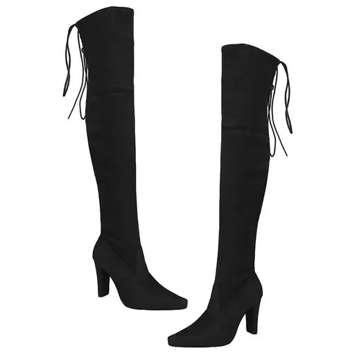 Women's Black Pointed Toe High Heel Boots, PU Suede, Stylish Autumn Winter Footwear, 1 Pair