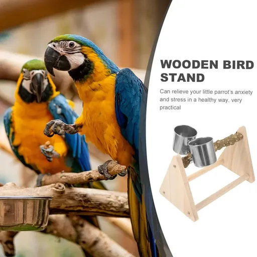 Solid Wood Parrot Desktop Training Rack Station with Food Basin Durable