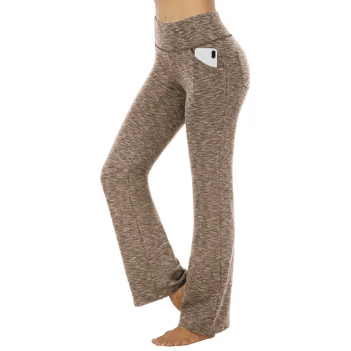 Women's High Waist Yoga Leggings with Pockets Workout Fitness Pants Stretch Casual Sports Trousers - Khaki L
