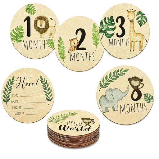 Wooden Baby Monthly Milestone Marker Discs with Announcement Sign - Reversible Photo Props, Newborn Baby Growth & Pregnancy Growth