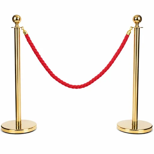 Gold Queue Barrier Stanchion Set of 2 with Red Velvet Rope Crowd Control Bollards