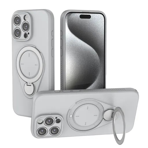 Magnetic Shockproof Case 360-Degree Rotating Ring Stand for iPhone 16 Pro Slim Protective Cover Grey