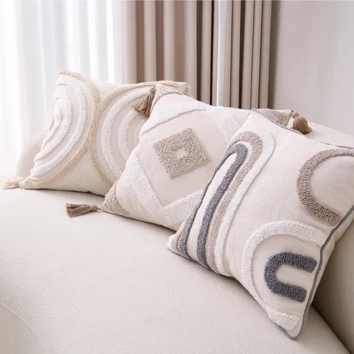 Boho Throw Pillow with Braided Rope Pattern And Tassels Soft Cotton Linen Textured Cushion for Sofa Bed Office 45x45cm D
