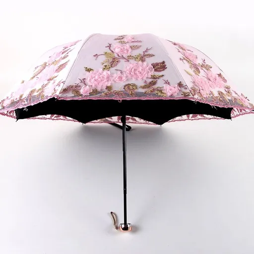 Vintage Lace UV Sun Parasol Folding 3D Flower Embroidery Umbrella Lace embroidered umbrella for both sunny and rainy use