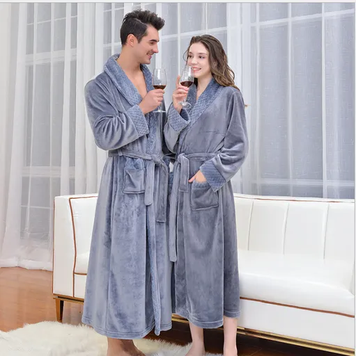 Grey XL size Plush Flannel Robe for Couples - Thickened Warm Bathrobe with Shawl Collar, Soft Fleece Material, Unisex Long Style for Winter Home Wear