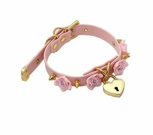 House Of Dasein Bdsm Collar Spikes Flowers Choker Necklaces Slave Play Owned Submissive - Pink With Gold