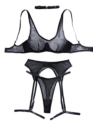 House Of Dasein Vertical Pattern Perspective Mesh Sexy Underwear Garter Belt Leg Ring Set - Medium