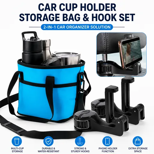 Black and Blue Foldable 4-Zone Car Insulated Drink Carrier Bag Bonus 2 Pack Mutifunctional Headrest Hook Phone Holders, No-Spill Car Cup Holder Organizer and Back Seat Mobile Phone Mount Travel Set for Most Water Bottles