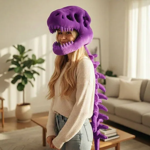120CM Purple Funny Dinosaur Skeleton Plush Headwear – Quirky Bone Fossil Plushie Hat & Huggable Doll for Party Costumes and Birthday Gifts