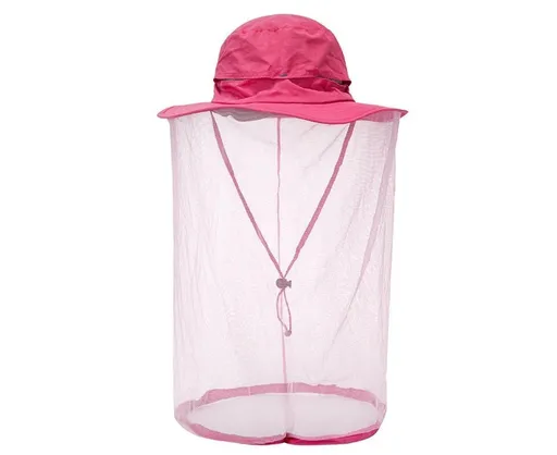 Outdoor Women Men Anti Bug Bee Mosquito Hat Head Net Sun Protection Bucket Cap-Rose Red