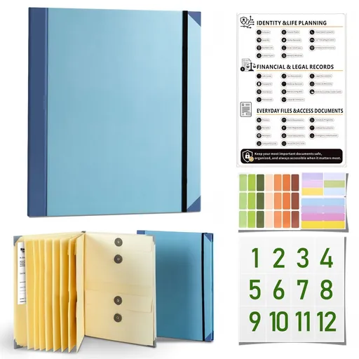 Thin Blue with New Stickers | Commuter Slim Manila Pocket Binder | Christmas Office Carry Gift | Thin Profile Document Organizer