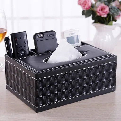 Black cat's eye Multi-Function Leather Tissue Box, Wooden Frame with Compartment Storage, Anti-Slip and Stable, Living Room and Office Desktop Organizer