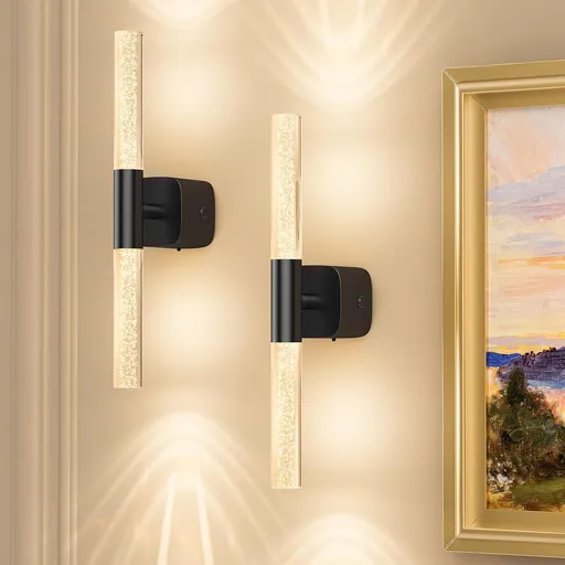 Battery Operated Wall Sconce Set of 2 Black Rechargeable Crystal Sconce Wall Decor Set of 2 with 12000mAh 16" CCT Dimmable 350° Rotate Remote Wireless Wall Light for Bedroom Living Room