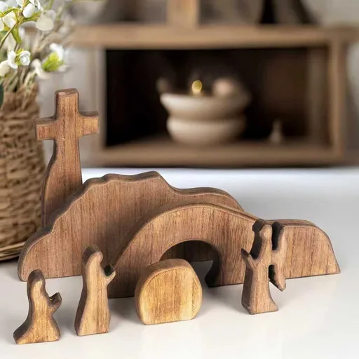 Easter Resurrection Scene Set Mini Wooden Figurine Ornament – Handcrafted Cross & Tomb Creative Tabletop Decoration