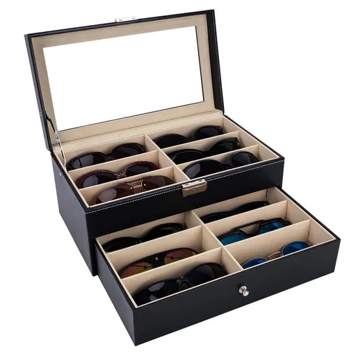 Leather 12 Piece Eyeglasses Storage and Sunglass Glasses Display Drawer Lockable Case Organizer,Black,