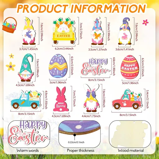 Glenmal 36 Pcs Happy Easter Ornaments for Tree Easter Wooden Hanging Ornaments Egg Bunny Tree Decorations Spring Gnome Chick Wood Slices Pendant with Rope for Home Spring Party Decor