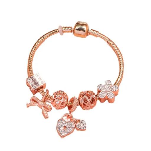Hollow Out Crystal Flower Heart Bow Charm Bracelet(rose gold,21cm)