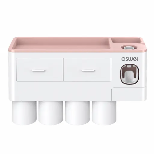 Pink Wall-Mounted Bathroom Organizer with 4 Magnetic Cups - Automatic Toothpaste Dispenser, No-Drill Wall Shelf for Families