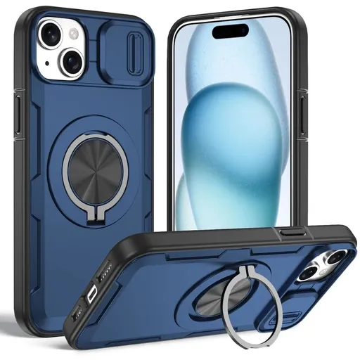 2-in-1 Magnetic Sliding Lens Case, Blue for iPhone 15 Plus