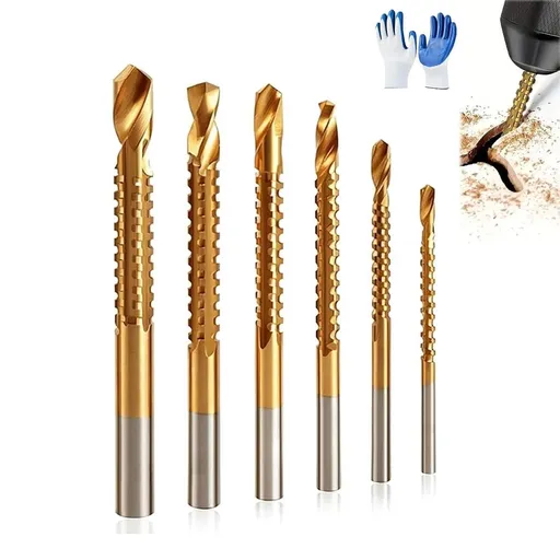 Twist Drill Bit Set, Power Tool Accessories 6 Pcs, 3-8mm HSS Sawtooth Bits, Multi Material Spiral Side Cutting Titanium Coated Set, for Wood Metal Plastic Hole