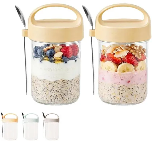 Overnight Oats Jar with Lid and Spoon, Airtight Glass Overnight Oatmeal Container for Yogurt, Cereal, Salad, Breakfast to Go, Yellow