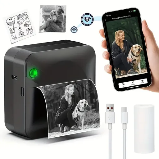 (Black）Inkless Sticker Printer Mini Thermal Printer with Roll Thermal Paper, Wireless Pocket Printer, Smart Portable Receipt Printer for Photos, Diaries, Notes, and Preparation Work.