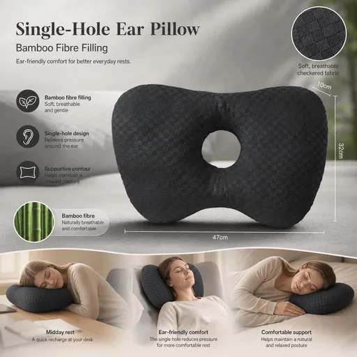 Ear Pillow Single Hole Design Extra Large 47x32x10 Black Soft Polyester Bamboo Fibre