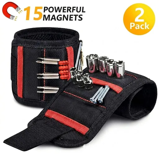 Magnetic Tool Wristband with 15 Strong Magnets and Storage Pocket – Hands-Free Screw, Nut, and Bit Holder for Home Improvement, Carpentry, Auto Repair, and DIY Projects, Adjustable Oxford Fabric Strap (Red, 2PCS)