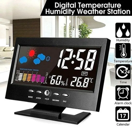 Digital LED Alarm Clock with Temperature & Humidity Display | Weather Forecast | 12/24H Time | Function | USB/Battery Powered | 6 x 4.6 x 1.4 Inches | Black