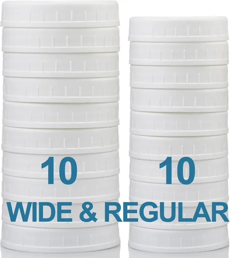 10 WIDE Mouth & 10 REGULAR Mouth Mason Jar Lids - 20 Pack Food Grade Plastic Mason Jar Caps for Ball, Kerr and More Canning Jars - Leakproof & Dishwasher Safe - White