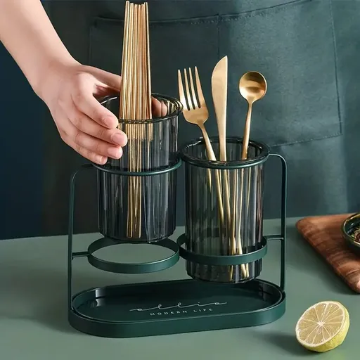 Dark green Luxury Wall-Mounted Cutlery Holder, Household Knife Fork Spoon Organizer, New Kitchen Utensil Drainer and Chopstick Container, Tableware Storage Rack