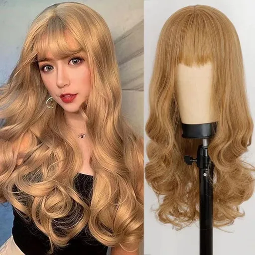 25 In Women's Long Wavy Wig With Bangs Blonde Chemical Fiber Long Curly Hair Head Covers