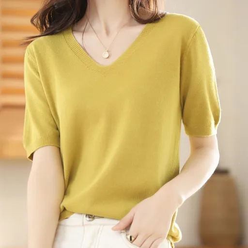 Women V Neck Knit Sweater Half Sleeve Pullover Autumn leaves yellow M Size: M; Height (cm): 160-165; Weight (kg): 50-55; Bust (cm): 86-90; Waist (cm): 70-74; Shoulder width (cm): 38; Length (cm): 60