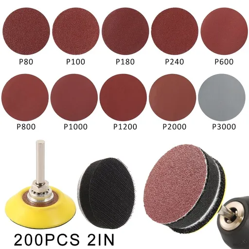 200pcs 2 Inches Sanding Discs Pad Kit for Drill Sander, Drill Sanding Attachment Sandpapers with 1pc 1/4 Shank Backing Pad and 1pc Soft Foam Buffering Pad