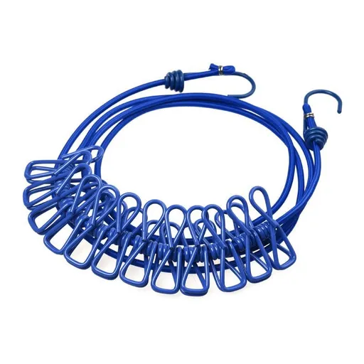 Portable Elastic Clothesline with 12 Clips, Windproof Non-Slip Drying Line for Travel, Camping and RV Use, Blue, 182.9 cm