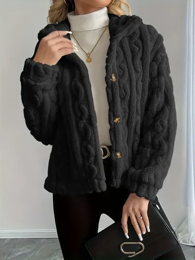 Double-Sided Fleece Coat Turn-Down Collar Button Coat Women'S Winter Outerwear - Black - Size S(AU S/EU46)