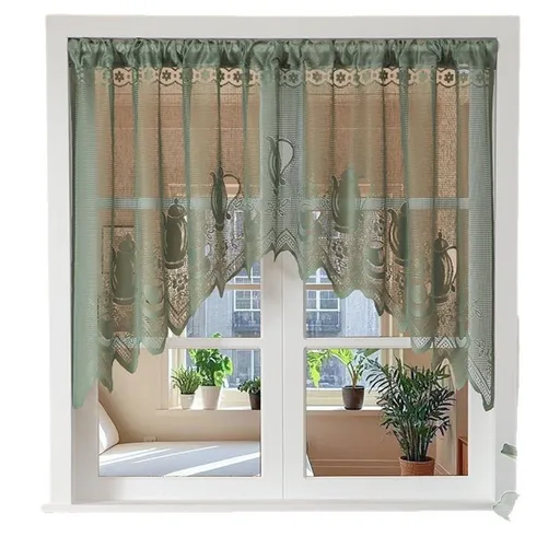 Half curtain lace decoration coffee curtain dust blocking curtain atmosphere curved curtain non perforated partition curtain bedroom（Green200*100cm）