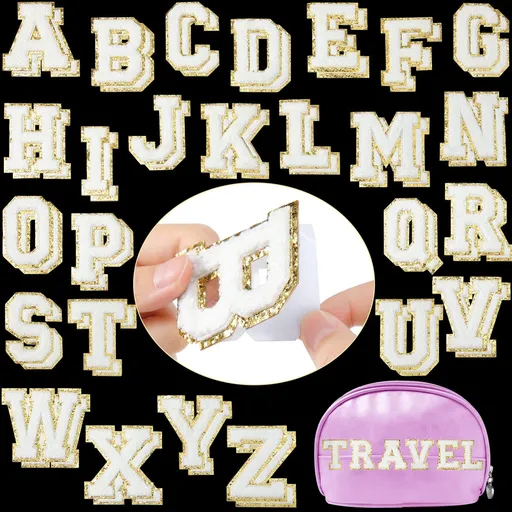 2 Pieces Chenille Letter Patches Self Adhesive Sets of Letter Patches Sticker with Gold Glitter for Backpacks Hat Clothes Notebook