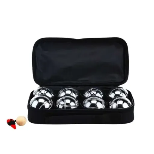 Silver Bocce Pétanque Set with 8 Metal Balls, White Wooden Jack, and Carry Case